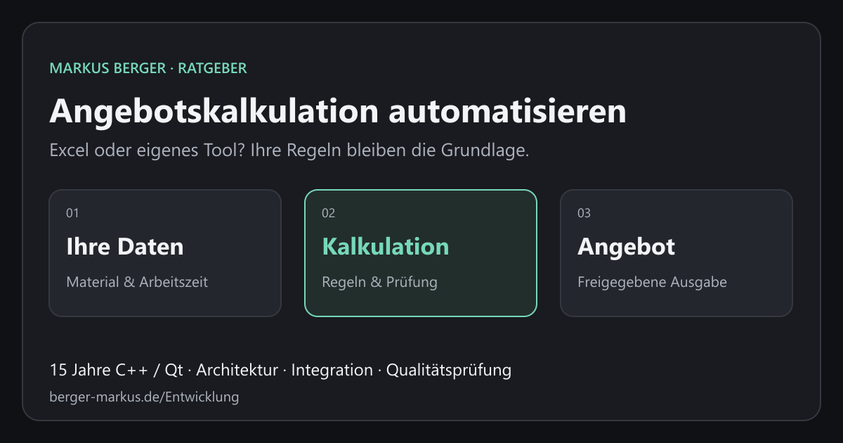 Von Material und Arbeitszeit über geprüfte Kalkulationsregeln zum fertigen Angebot.